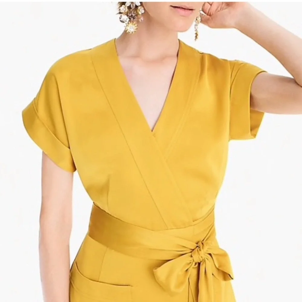 J. Crew Short Sleeve Wrap Dress in Satin Crepe Gold V Neck Front Pocket Size S